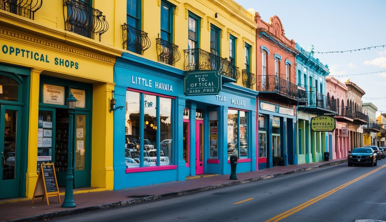 Una calle bulliciosa en Little Havana con coloridas tiendas y letreros de las 7 mejores ópticas cercanas